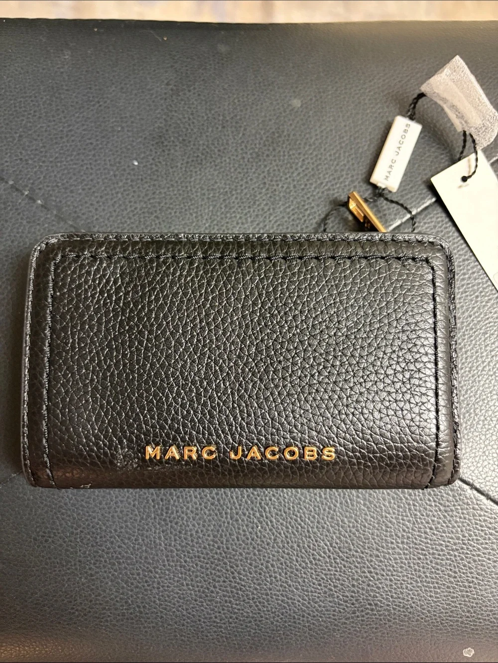 Marc Jacobs Black Pebbled Leather Card Case with Gold Logo